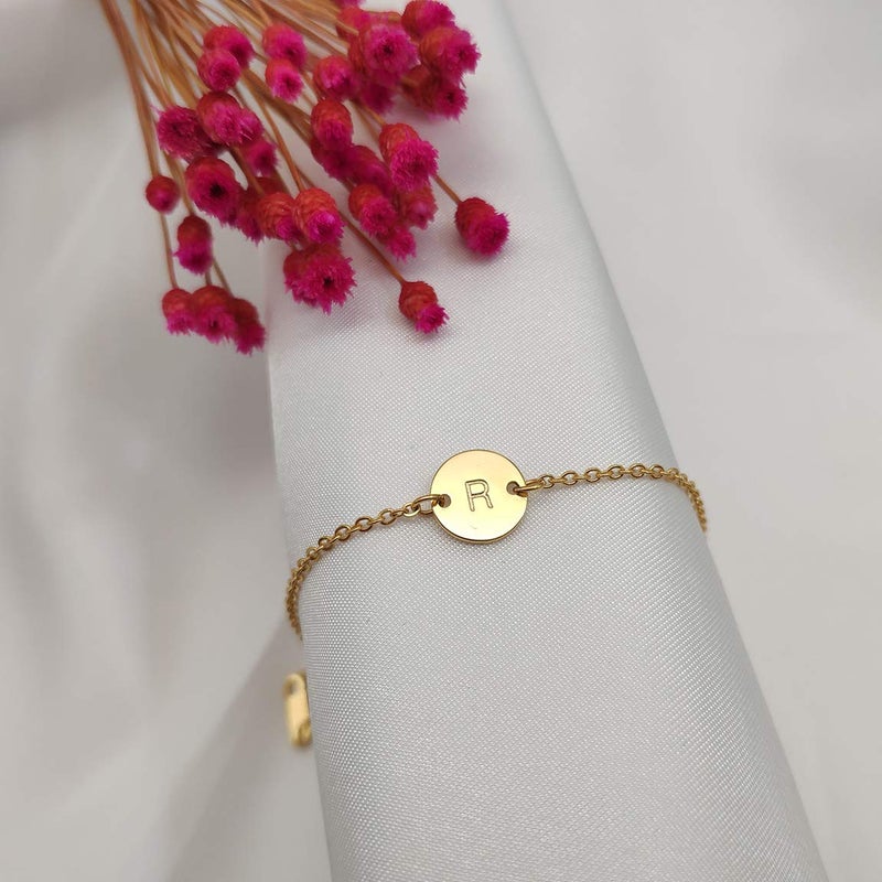 Glimmerst Personalized Initial Bracelet, 18K Gold Plated Stainless Steel Letter R Bracelet Dainty Coin Charm Bracelet Delicate Disc Name Bracelet for Women - Image 3